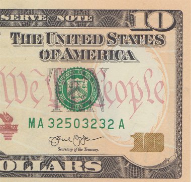 On dolar bill 10 YTL closeup makro, Alexander Hamilton portre, Amerika Birleşik Devletleri para yakın çekim