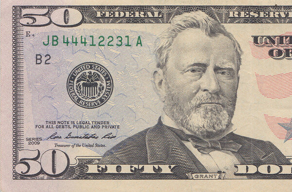 Fifty dollar bill macro, 50 usd, president Ulysses Grant portrait, united states money closeup