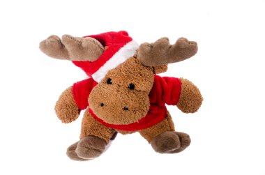 Beyaz arka plan üzerinde izole geyik Noel baba küçük yumuşak oyuncak