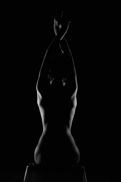 Silhouette féminine foncée, mains et visage. portrait d'art. photo inhabituelle de la femme du corps — Photo