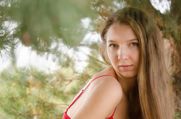 Young woman in red dress nature fresh air — 스톡 사진