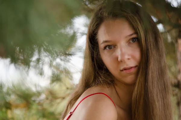 Young woman in red dress nature fresh air — 스톡 사진