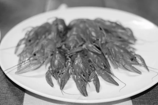 Boiled crawfish on wooden surface — Stock Photo, Image
