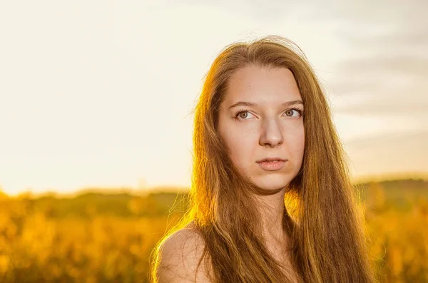 Belle fille dans une robe rouge chic posant sur un champ de pavot. Champ de pavot au coucher du soleil. Traitement de l'art. Coucher de soleil — Photo