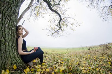 güzel seksi kız, doğada poz, sonbahar elbiseleri