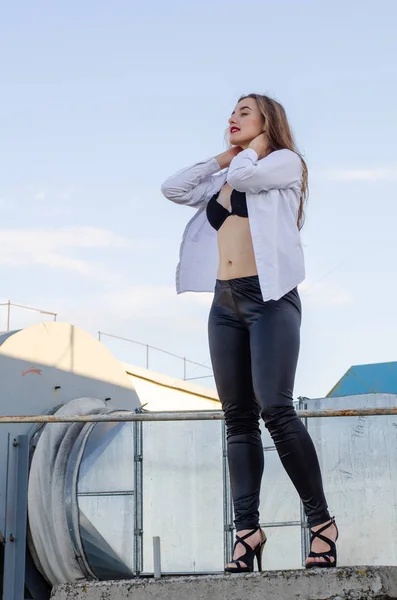 Mujer sexy joven posando en el techo, Retrato de estilo de vida —  Fotos de Stock