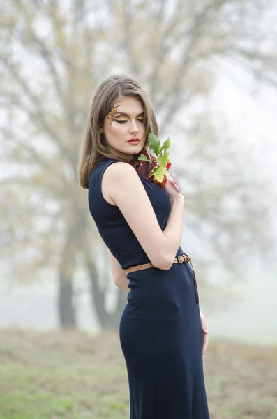 Beautiful sexy girl, posing in the nature, autumn dresses — Stock Photo, Image