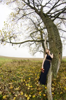 güzel seksi kız, doğada poz, sonbahar elbiseleri