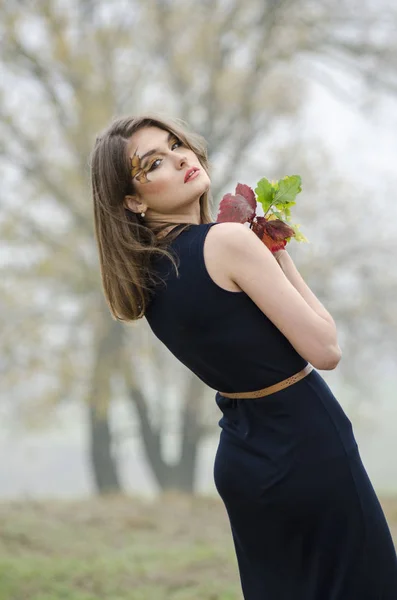Beautiful sexy girl, posing in the nature, autumn dresses — Stock Photo, Image