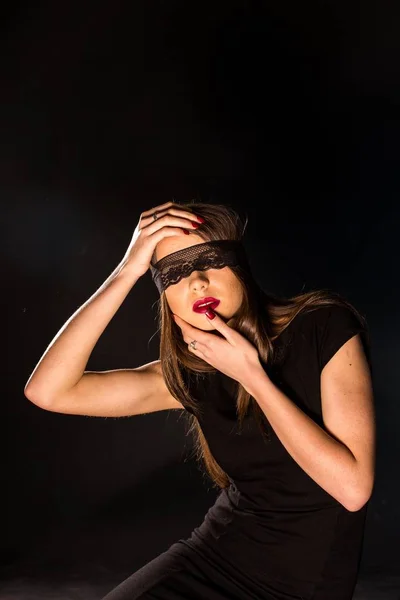 Beautiful Blindfolded Girl On Black Stock Photo 1110290966