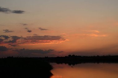 Gün batımında çimenler nehir manzarasında