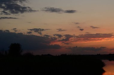 Gün batımında çimenler nehir manzarasında