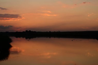 Gün batımında çimenler nehir manzarasında