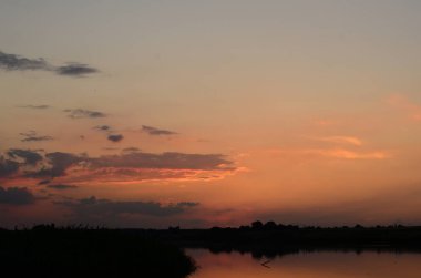 Gün batımında çimenler nehir manzarasında