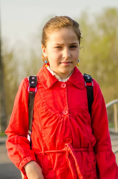 Young School Girl Backpack Street — Stock Photo, Image