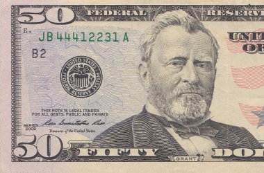 Fifty dollar bill macro, 50 usd, president Ulysses Grant portrait, united states money closeup clipart