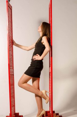 Güzel, seksi, esmer, siyah deri etek giyen, çekici vücutlu, evde poz veren, şık bir kadın. Koca memeli, şehvetli bir kız.