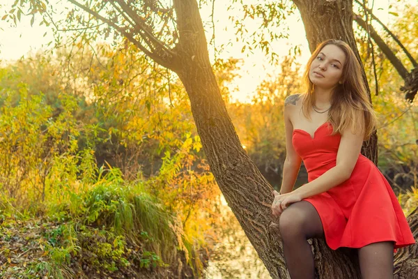 Une femme pose devant une caméra dans un parc d'automne. Séance photo d'automne. Automne dans le parc . — Photo