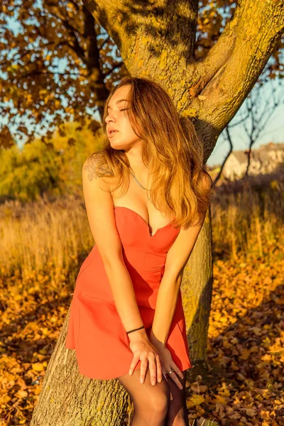 Uma mulher está posando na frente de uma câmera em um parque de outono. sessão de fotos de outono. Outono no parque . — Fotografia de Stock