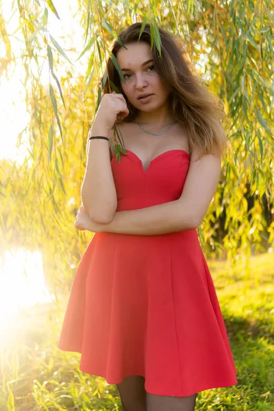 Uma mulher está posando na frente de uma câmera em um parque de outono. sessão de fotos de outono. Outono no parque . — Fotografia de Stock