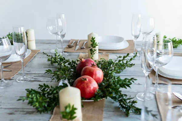 Beautiful table setting with lavender flowers on wooden background — Stock Photo, Image