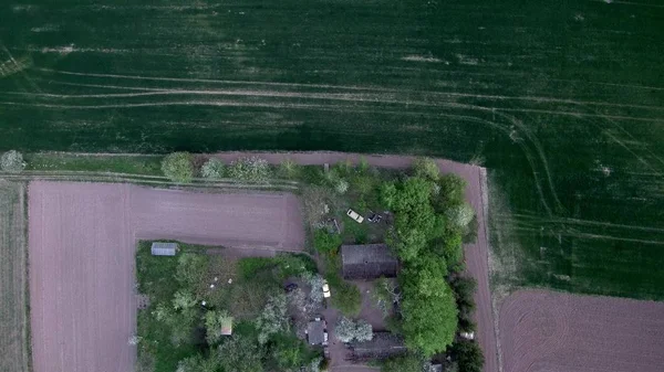 Il drone sta girando intorno all'incrocio delle strade sterrate del villaggio. Paesaggio estivo con tetti, giardini, campi e foreste. Vista aerea dell'Ucraina . — Foto Stock