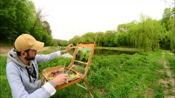 Metraje Lapso Tiempo Del Artista Pintando Cuadro Naturaleza Cerca Del — Vídeos de Stock