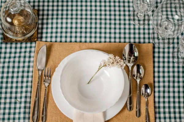 Beautiful table setting with lavender flowers on wooden background