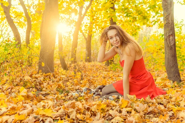 Una mujer posa delante de una cámara en un parque de otoño. sesión de fotos de otoño. Otoño en el parque . —  Fotos de Stock