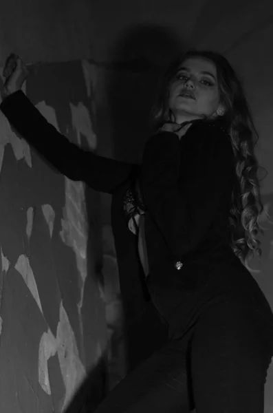 Beautiful Sexy Young Woman Black Lingerie Posing Studio — Stock Photo, Image