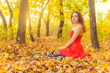 Bir kadın bir sonbahar Park bir kamera önünde poz. Sonbahar fotoğraf çekimi. Sonbahar Park.