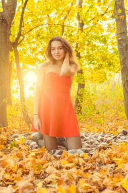 Bir kadın bir sonbahar Park bir kamera önünde poz. Sonbahar fotoğraf çekimi. Sonbahar Park.