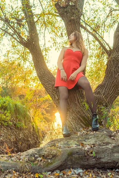 Una mujer posa delante de una cámara en un parque de otoño. sesión de fotos de otoño. Otoño en el parque . — Foto de Stock