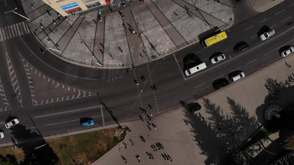 Top down shooting of passing cars on a pedestrian crossing Lutsk Ukraine 18/09/2019 — Stok fotoğraf