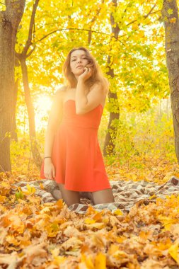 Bir kadın bir sonbahar Park bir kamera önünde poz. Sonbahar fotoğraf çekimi. Sonbahar Park.