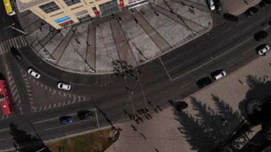 Top down shooting of passing cars on a pedestrian crossing Lutsk Ukraine 18/09/2019
