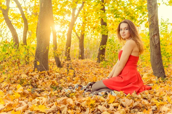 A woman is posing in front of a camera in an autumn park. autumn photo shoot. Autumn in the park. — Stock Photo, Image