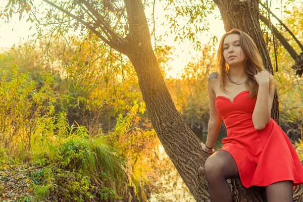 Une femme pose devant une caméra dans un parc d'automne. Séance photo d'automne. Automne dans le parc . — Photo