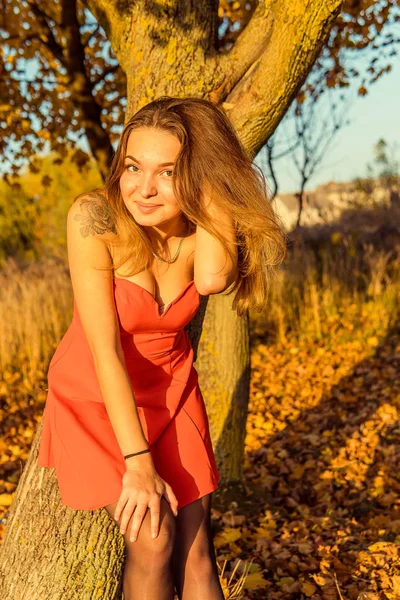 A woman is posing in front of a camera in an autumn park. autumn photo shoot. Autumn in the park. — Stock Photo, Image