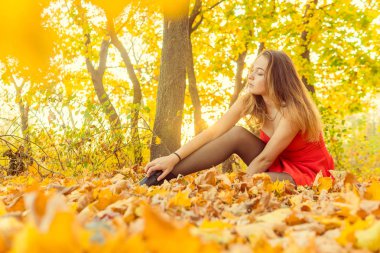 Bir kadın bir sonbahar Park bir kamera önünde poz. Sonbahar fotoğraf çekimi. Sonbahar Park.
