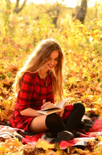 Foto de moda ao ar livre de jovem bela senhora cercada outono — Fotografia de Stock