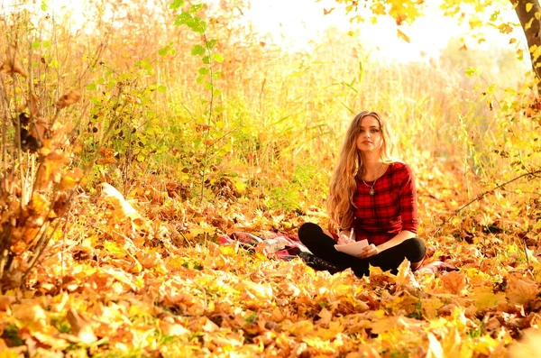 Outdoor fashion photo of young beautiful lady surrounded autumn leaves — Stock Photo, Image