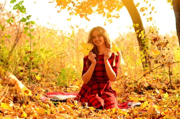 Outdoor fashion photo of young beautiful lady surrounded autumn leaves — Stock Photo, Image