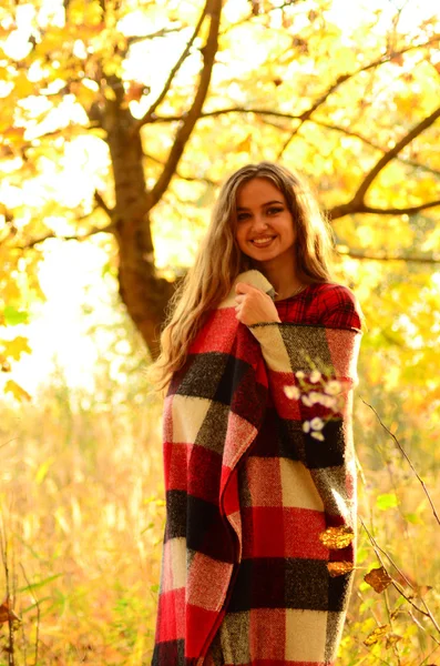 Foto de moda al aire libre de joven hermosa dama rodeada otoño —  Fotos de Stock