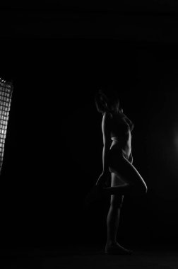 Kısa donlu güzel bir kadın silueti. Karanlık stüdyo arka planında poz veriyor.    