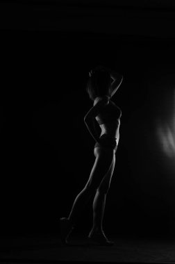 Kısa donlu güzel bir kadın silueti. Karanlık stüdyo arka planında poz veriyor.    