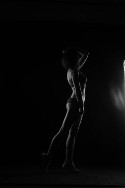 Kısa donlu güzel bir kadın silueti. Karanlık stüdyo arka planında poz veriyor.    