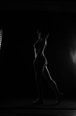 Kısa donlu güzel bir kadın silueti. Karanlık stüdyo arka planında poz veriyor.    