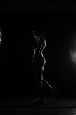 Kısa donlu güzel bir kadın silueti. Karanlık stüdyo arka planında poz veriyor.    