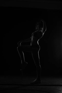 Kısa donlu güzel bir kadın silueti. Karanlık stüdyo arka planında poz veriyor.    